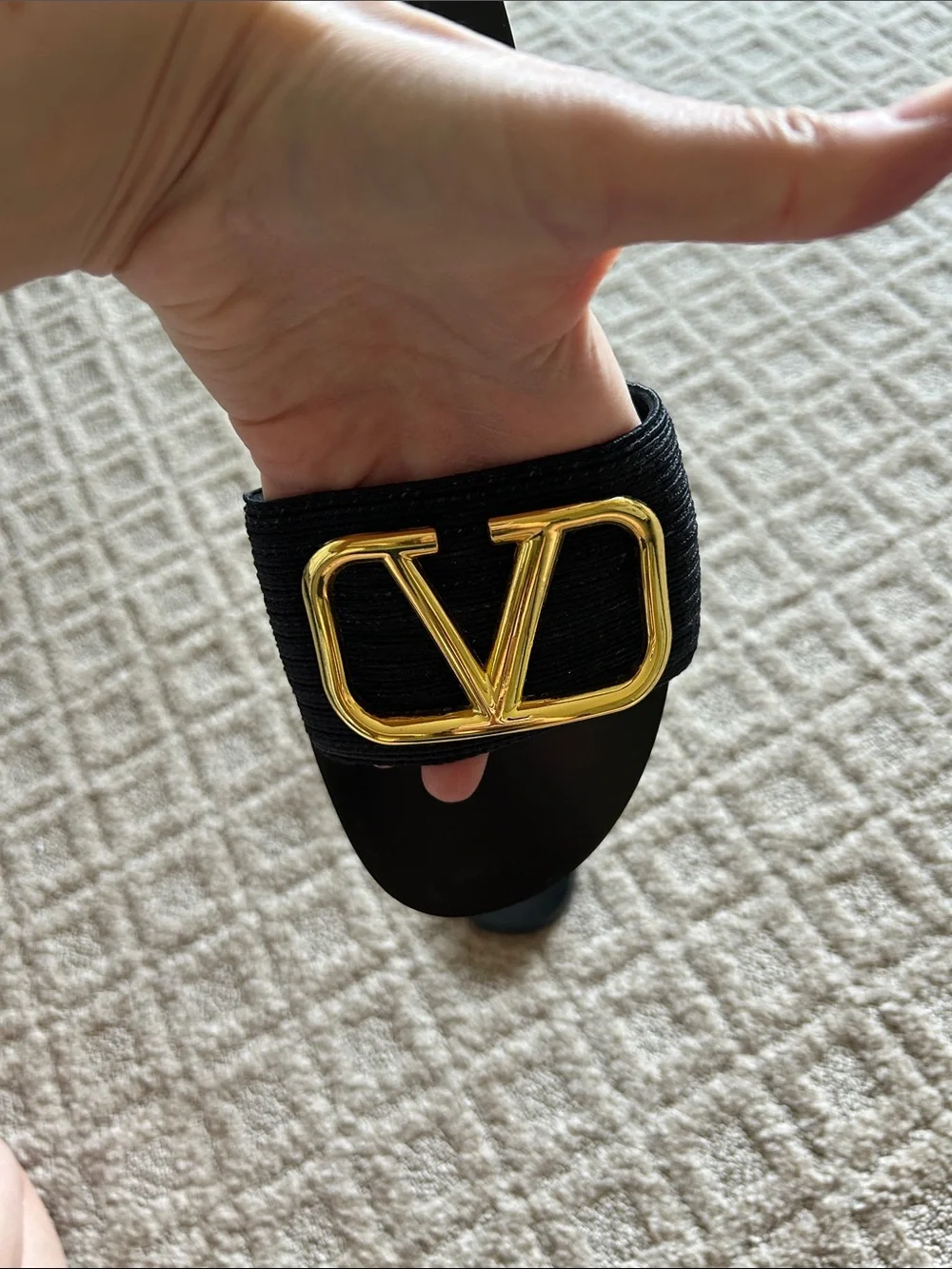 V logo Inspired Black Slide Sandals with Gold Logo Accent. Worn twice. Like new